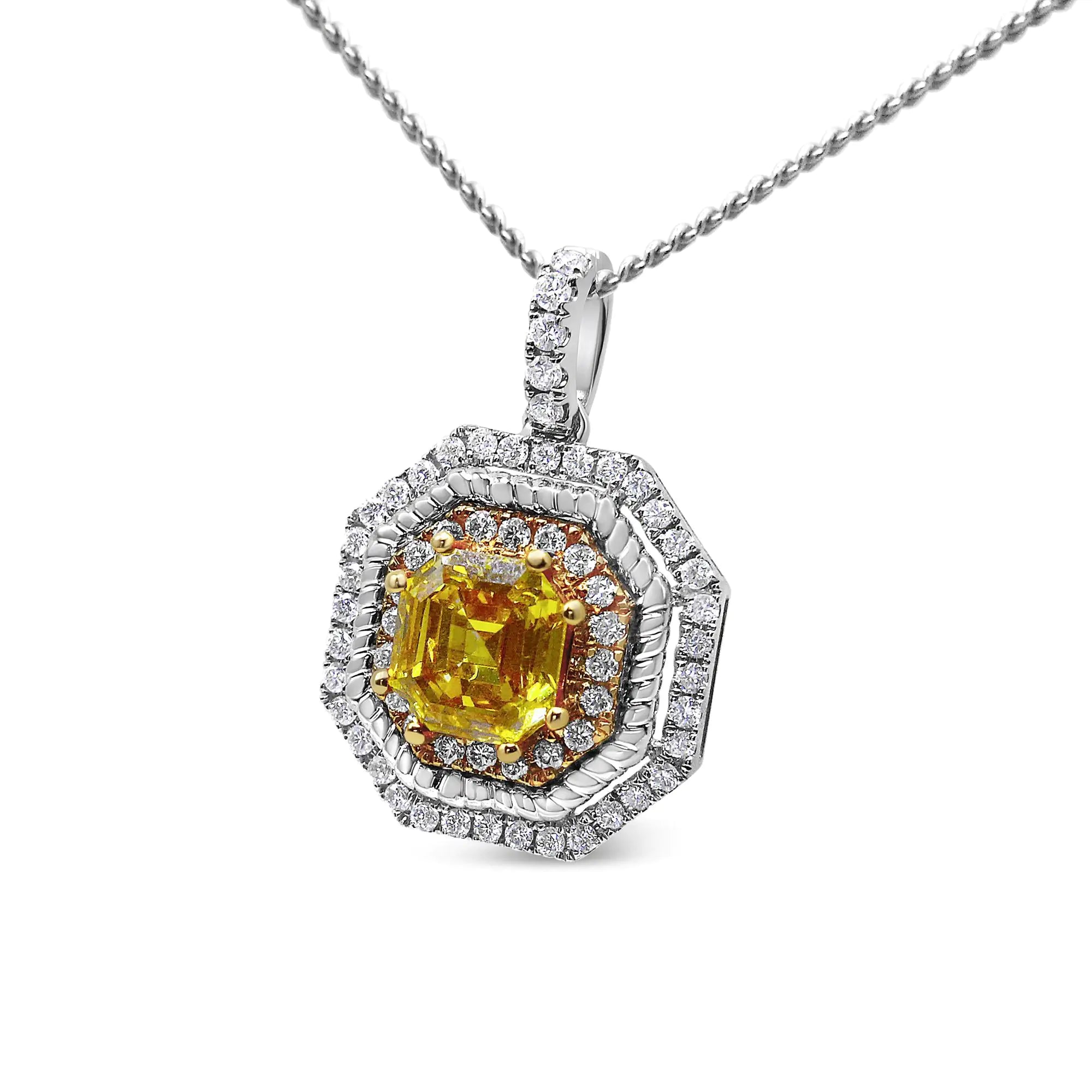(.07) Style Loft Collection 18K White and Yellow Gold 2 1/4 Ctw Lab Grown Yellow Asscher Cut Diamond Art Deco Style Halo 18" Pendant Necklace (Yellow/G-H Color, VS1-VS2 Clarity)