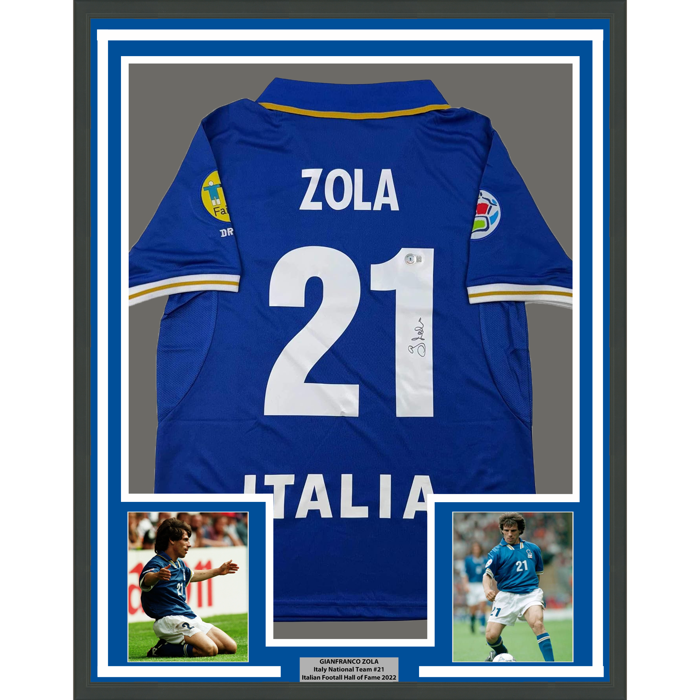 Framed Autographed/Signed Gianfranco Zola 35x39 Italy Blue Soccer Futbol Jersey Beckett BAS COA