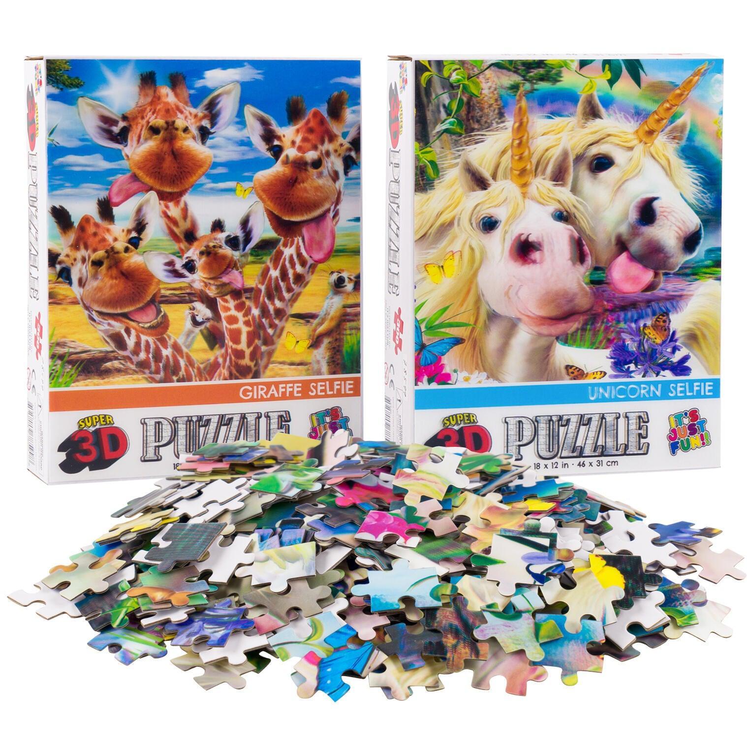Giraffe &amp;amp; Unicorn Selfie Set of 2 300 Piece Lenticular Jigsaw Puzzles Prime 3D
