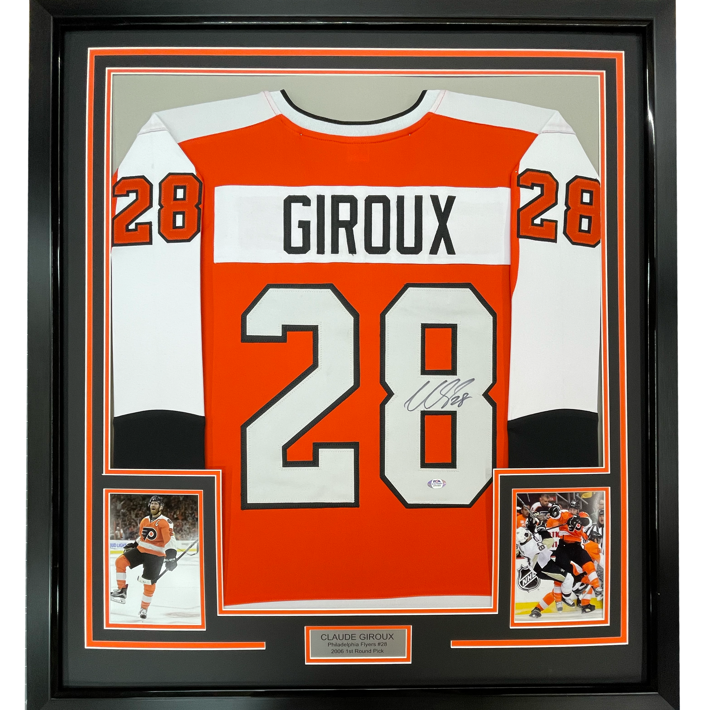 Framed Autographed/Signed Claude Giroux 35x39 Philadelphia Orange Hockey Jersey JSA COA