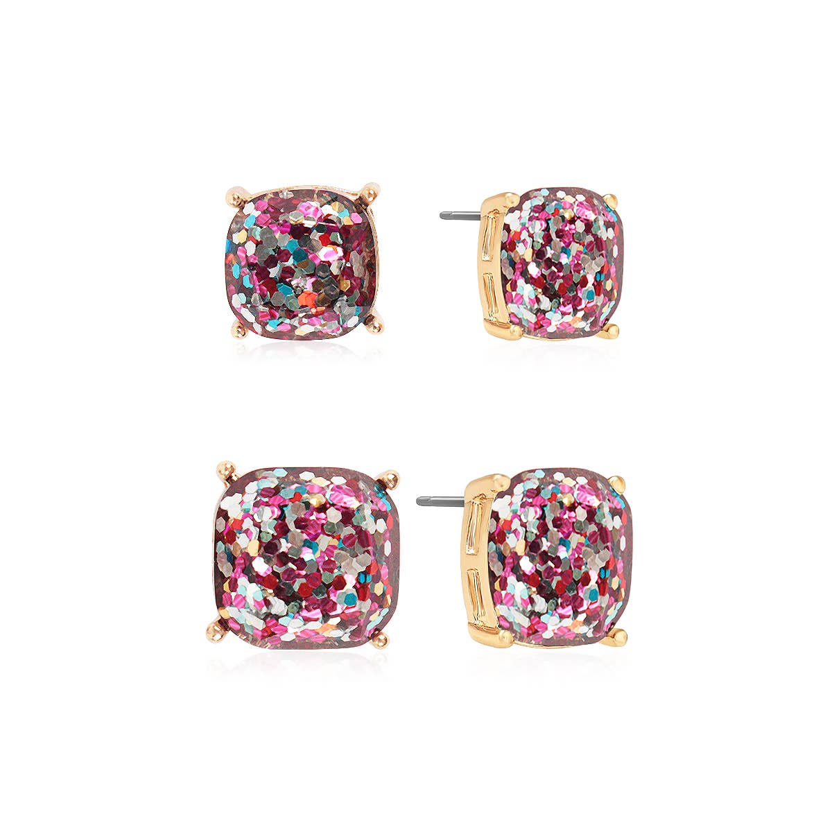 Glitter Square Cushion Cut Stud Earring Set in 2 Sizes - &amp;quot;Mom and Me&amp;quot; Gift Set