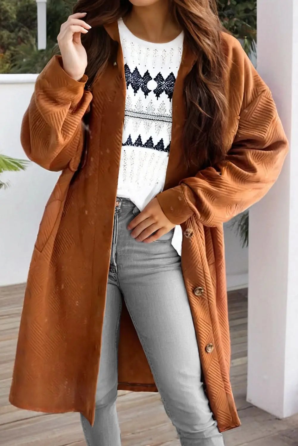 Love Salve Gold Duster Coat Women&amp;#39;s Casual Textured Cardigan - Buttoned &amp;amp; Stylish