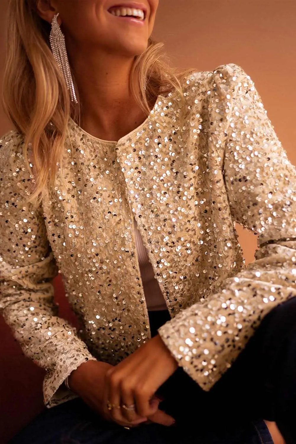 Love Salve Golden Sequined Jacket Party/Club Women&amp;#39;s Cropped Jacket: Shimmer &amp;amp; Shine