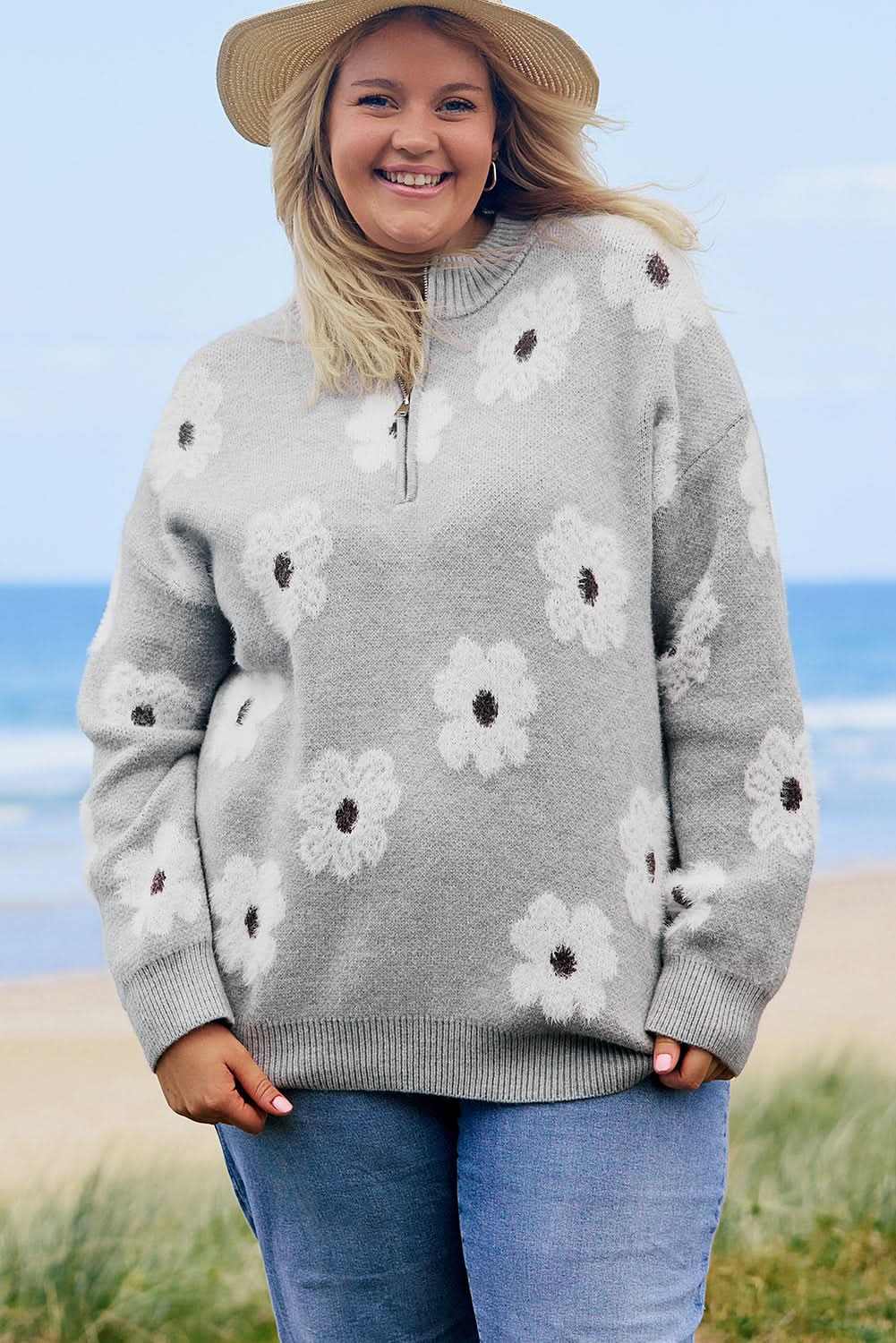 Love Salve Gray Floral Plus Size Women&amp;#39;s Sweater: Embroidered, Winter Essential