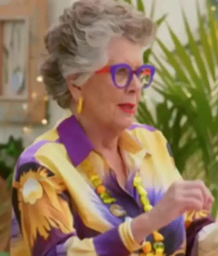Great British Bake Off S16 Prue Leith Yellow &amp;amp; Purple Print Blouse