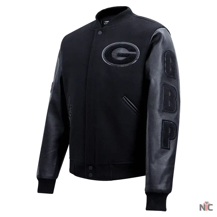Green Bay Packers Triple Black Logo Varsity Jacket