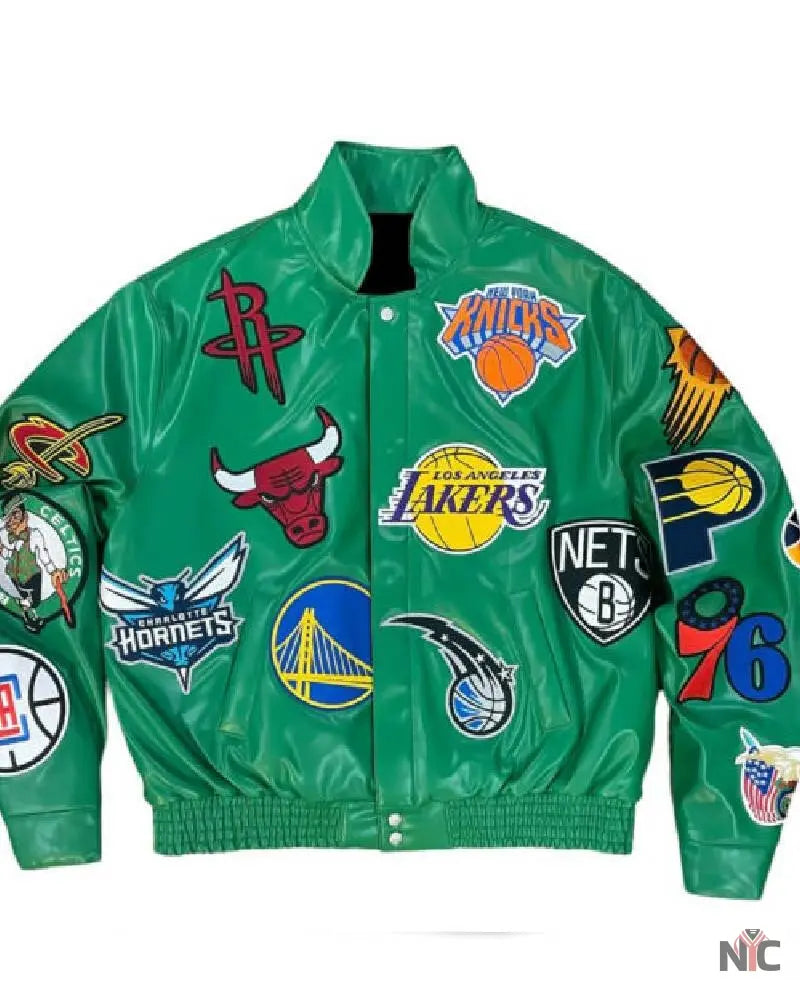 Green NBA Team Collage Jeff Hamilton Leather Jacket