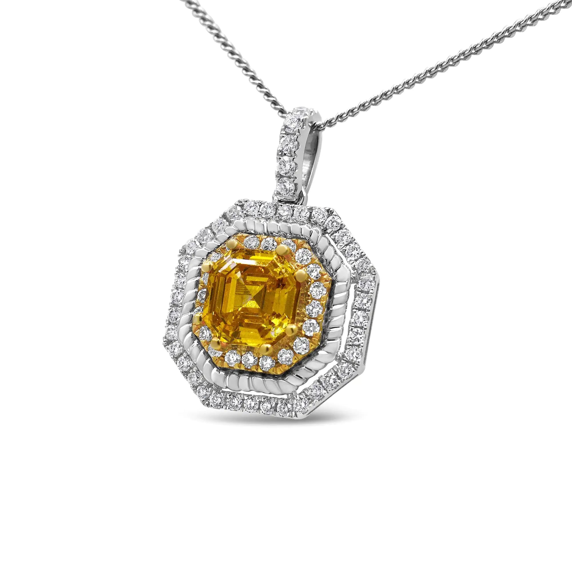 (.07) Style Loft Collection 18K White and Yellow Gold 2 1/4 Ctw Lab Grown Yellow Asscher Cut Diamond Art Deco Style Halo 18" Pendant Necklace (Yellow/G-H Color, VS1-VS2 Clarity)