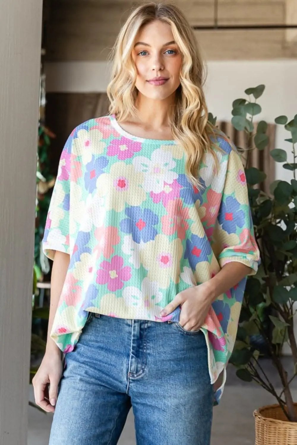 Trendsi Floral Waffle Oversized Women&amp;#39;s T-Shirt + Casual Top + Soft &amp;amp; Comfy