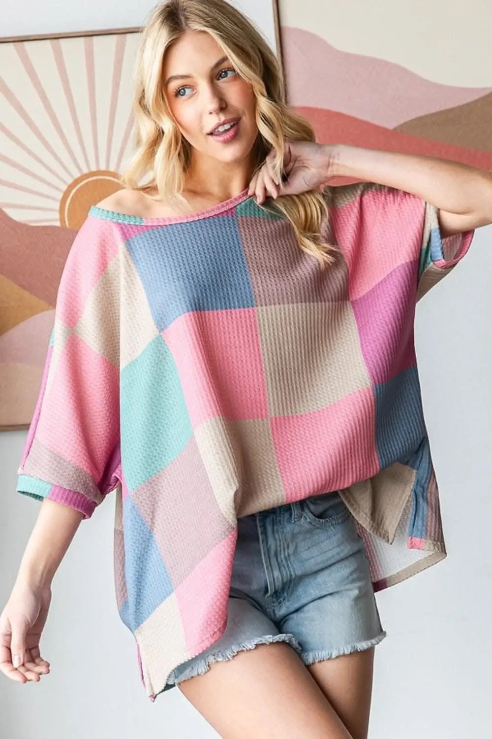 HOPELY Full Size Checkered Round Neck Side Slit T-