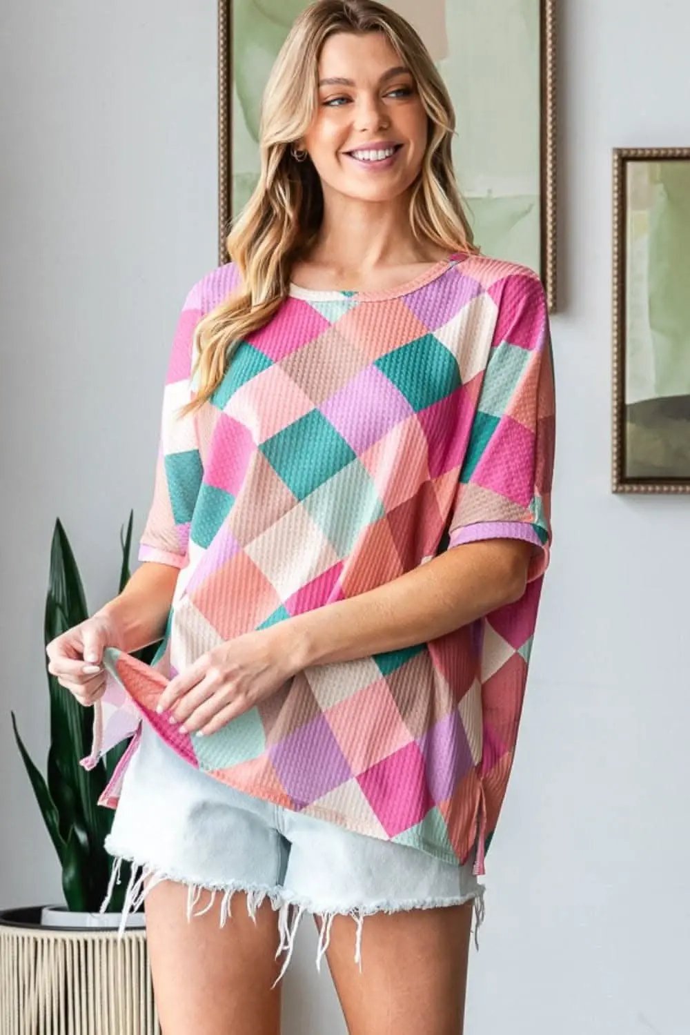 Argyle T-Shirt Women&#39;s Casual Top USA Shipped Soft &amp; Trendy