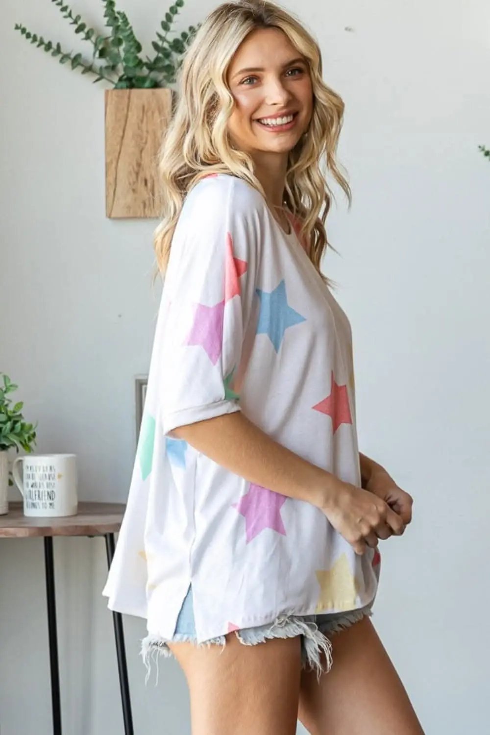 Star Print Tee Women&#39;s Casual Top Short Sleeve T-Shirt Soft &amp; Comfy