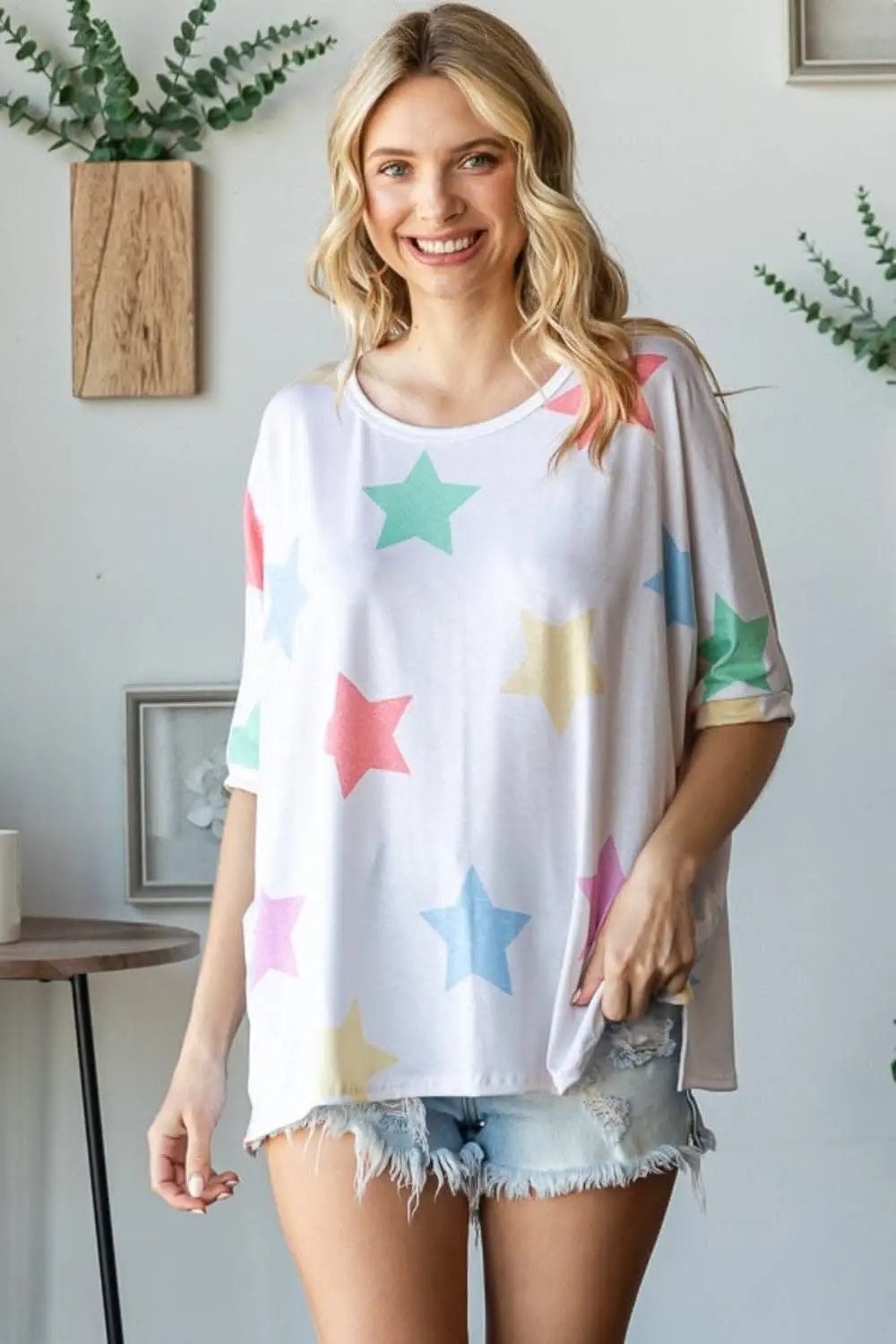 Star Print Tee Women&#39;s Casual Top Short Sleeve T-Shirt Soft &amp; Comfy