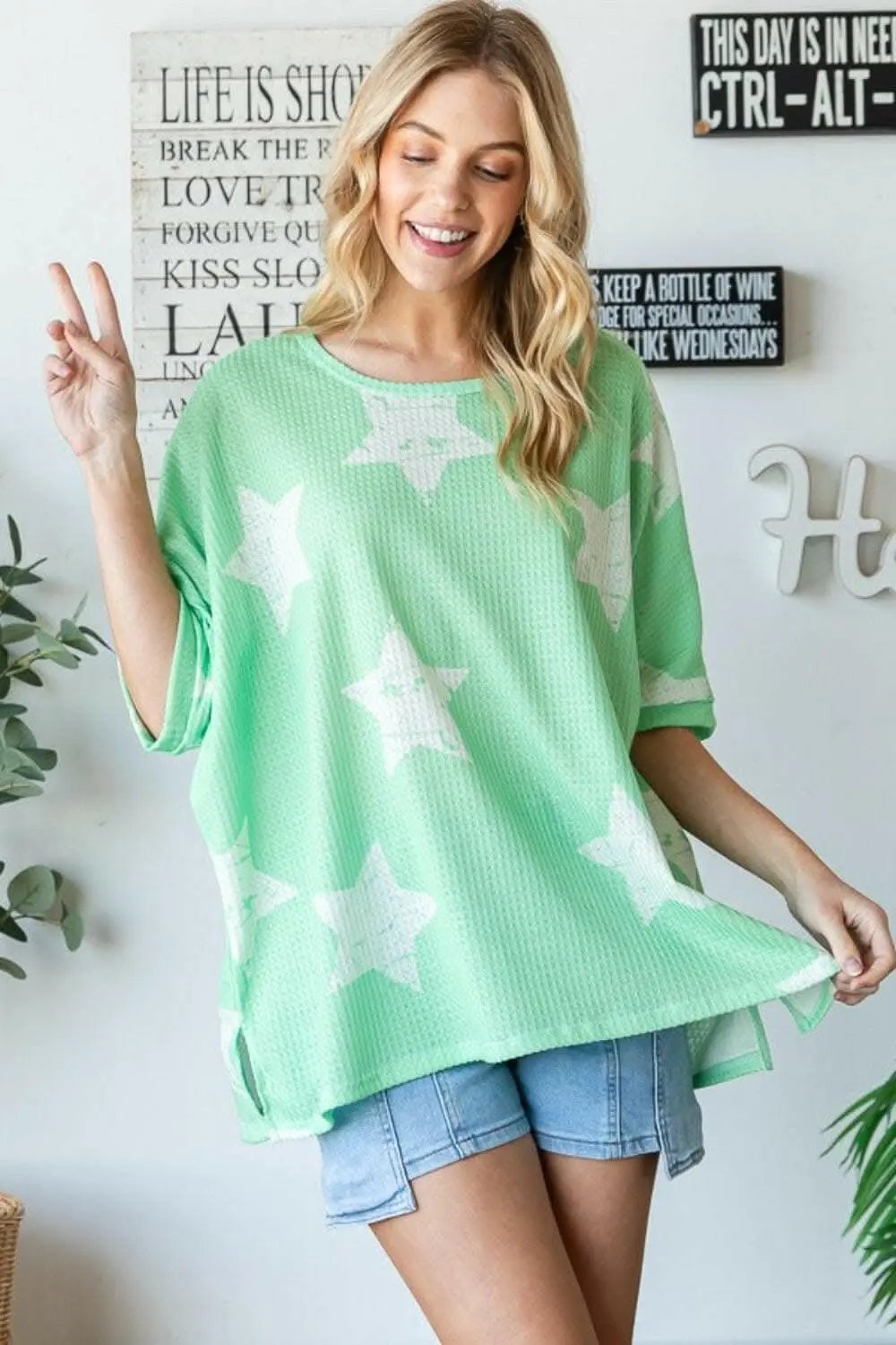 Star Waffle Tee Women&amp;#39;s Casual Top Comfy Oversized T-Shirt