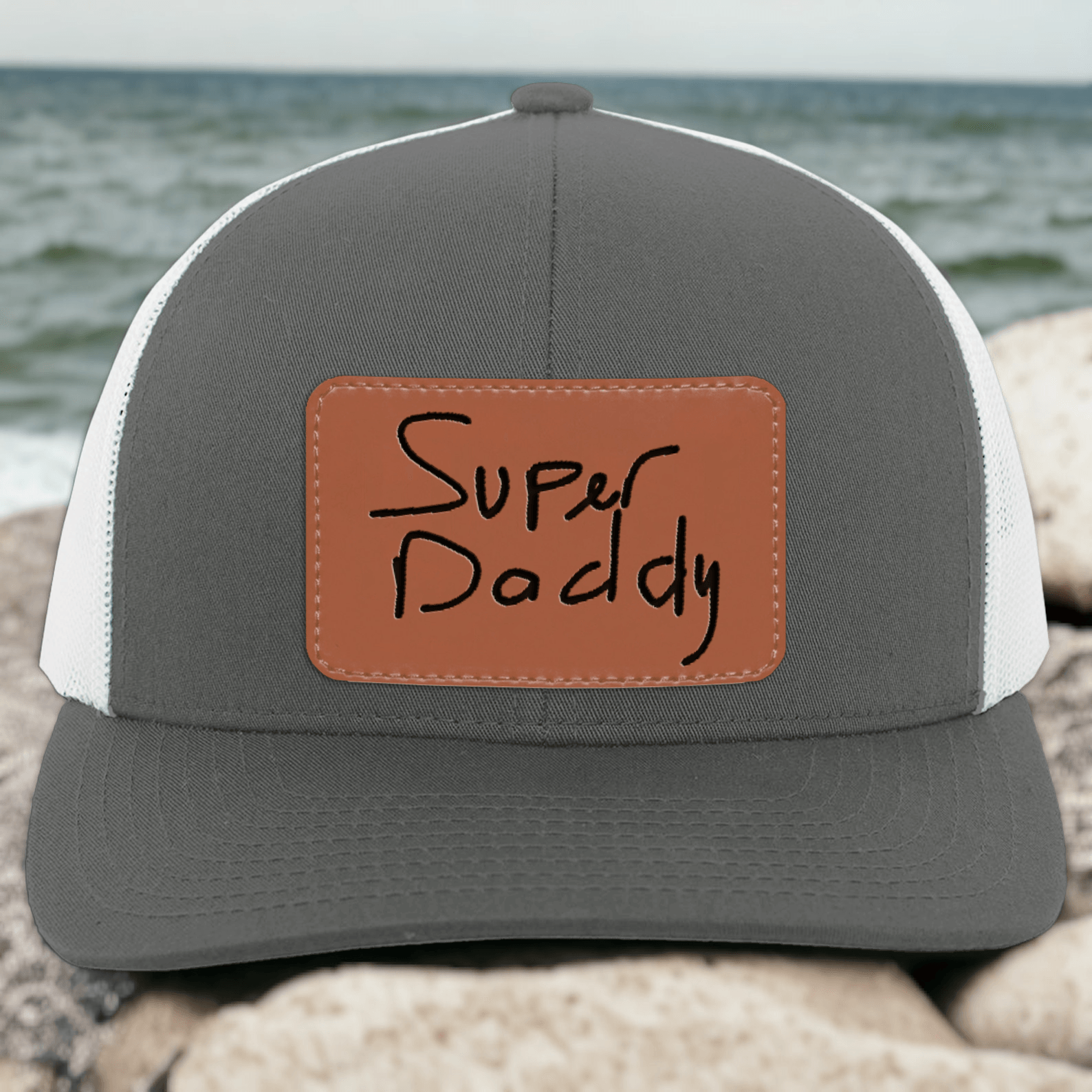 Custom Kids Handwriting Trucker Hat - Engraved Leather Patch Hat - Father&amp;#39;s Day Gift for Him, Husband, Daddy, Grandpa | From Daughter, Kid, Son