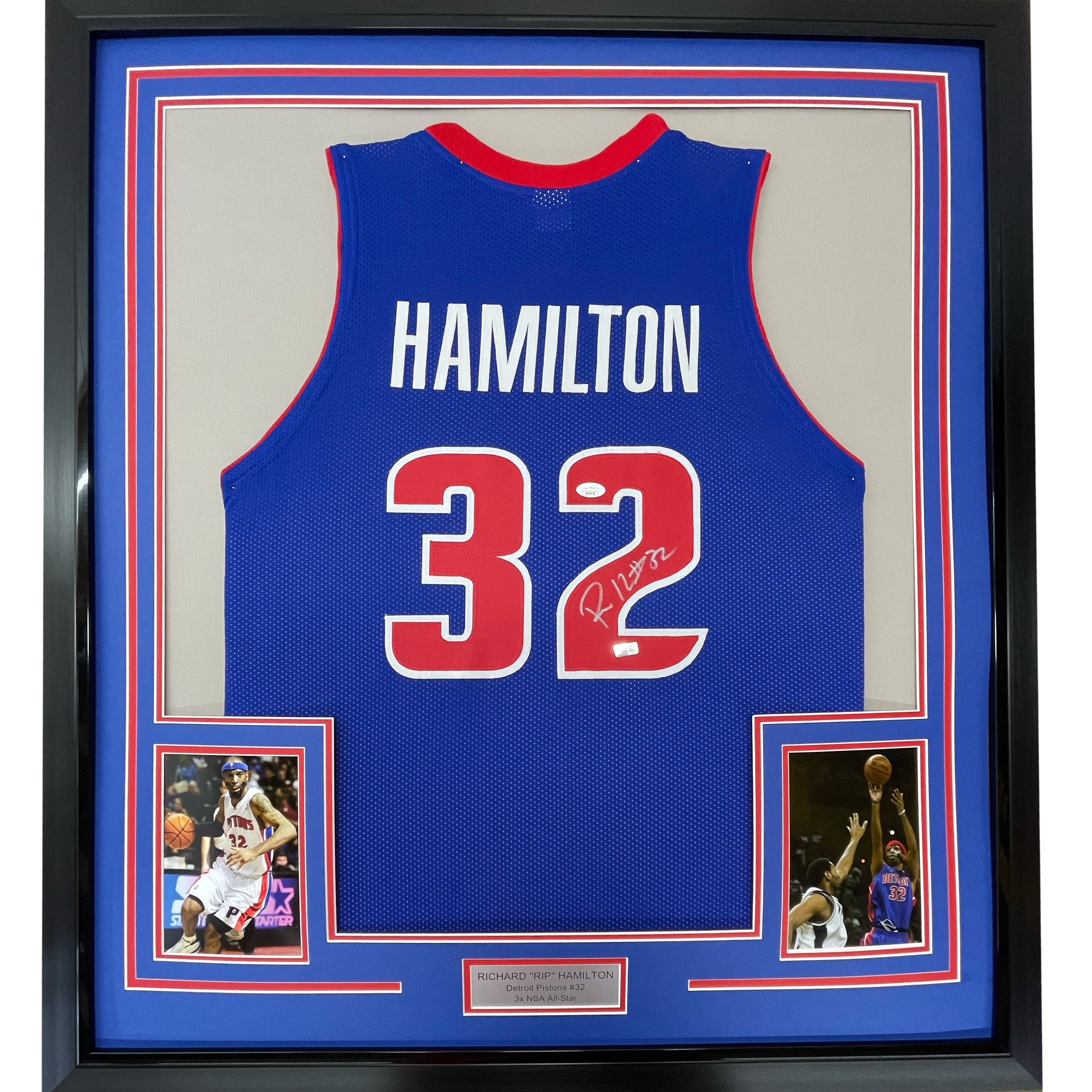 Framed Autographed/Signed Richard Rip Hamilton 35x39 Detroit Blue Basketball Jersey JSA COA