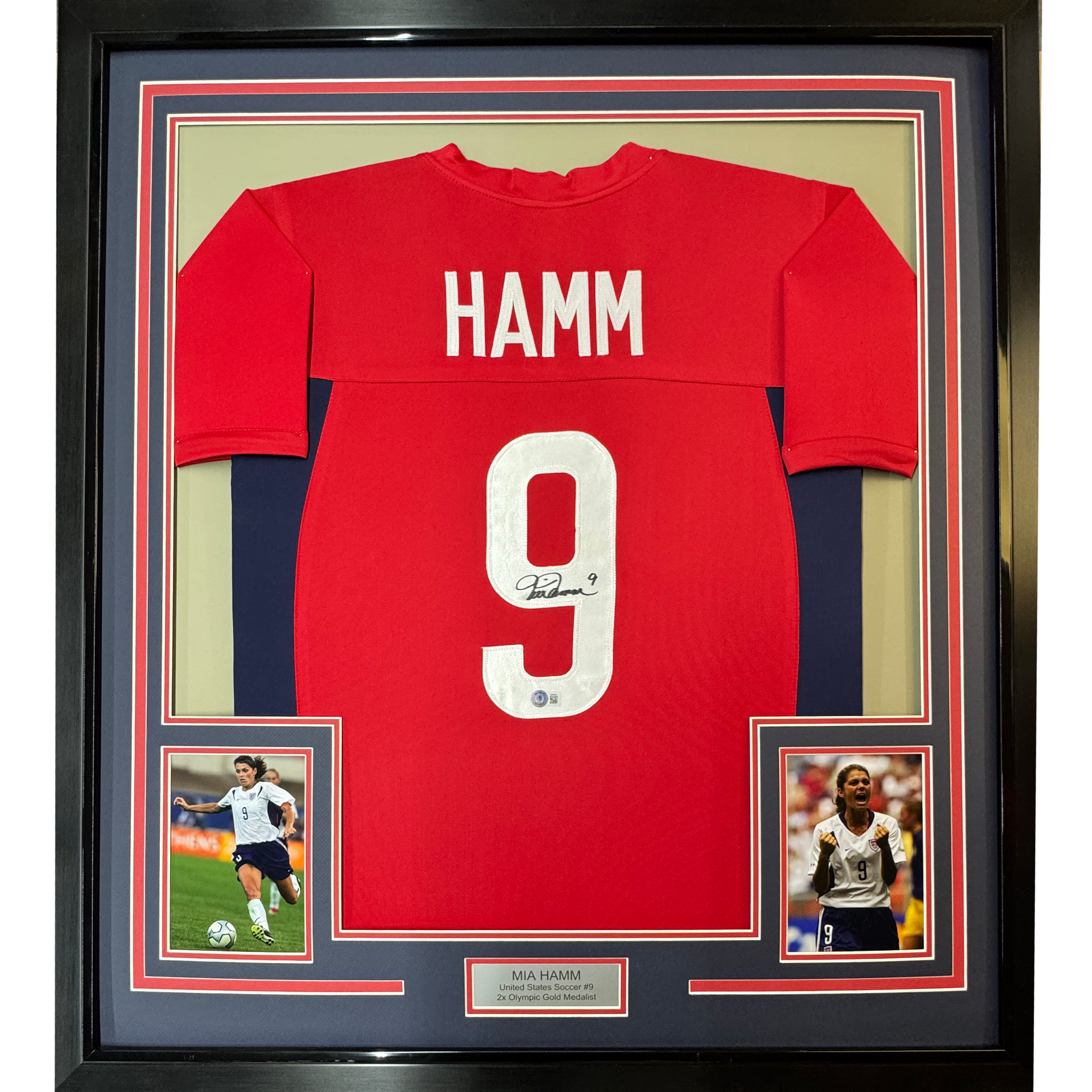 Framed Autographed/Signed Mia Hamm 35x39 Red Soccer Team USA United States World Cup Jersey Beckett BAS COA