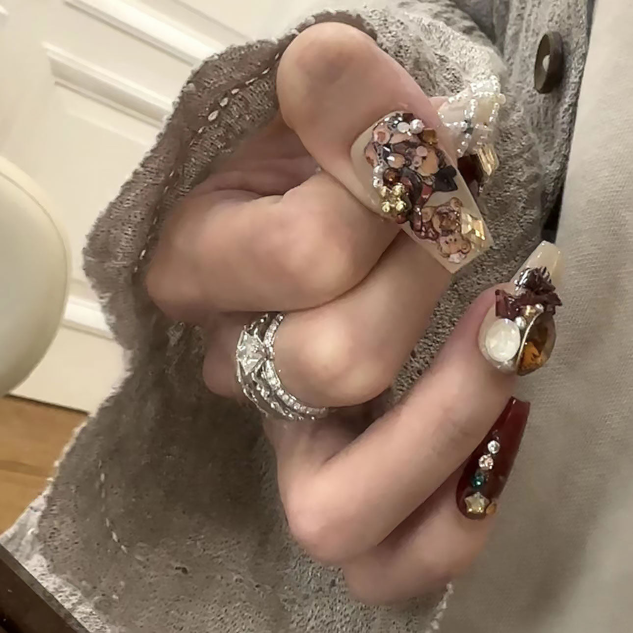 Handmade Christmas Red Velvet Teddy Bear Diamond Cute Vintage Wearable Nail Art Pieces | ZAKAPOP