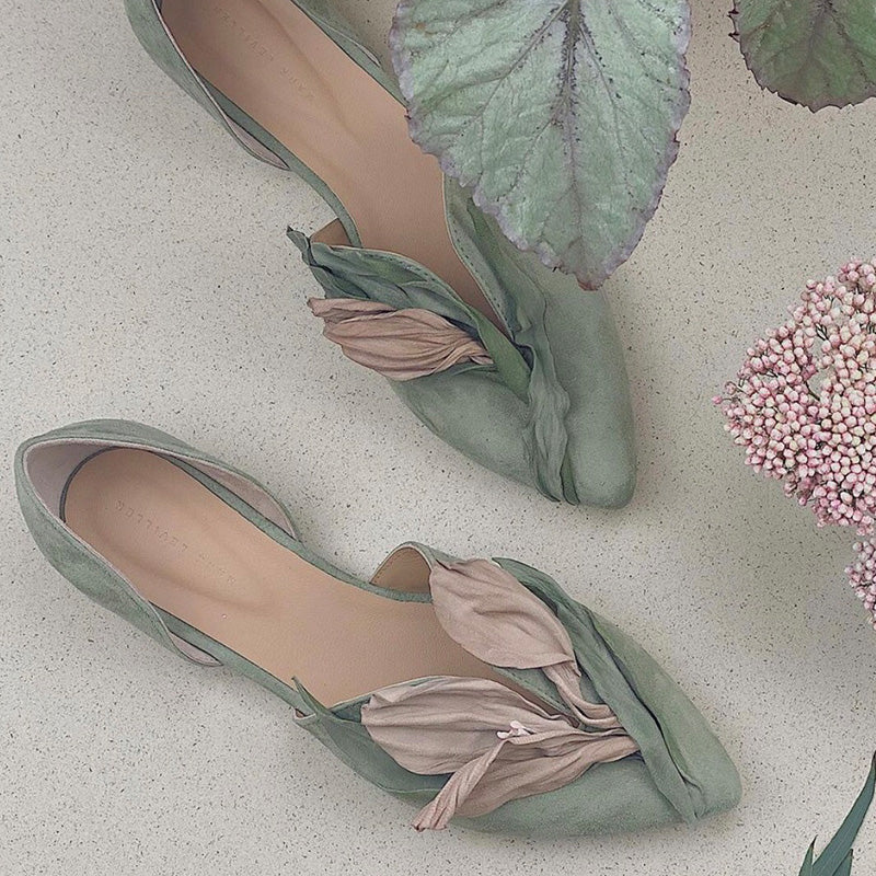Handmade Pink Satins Flower Pointed Toe Flat Shoes | ZAKAPOP