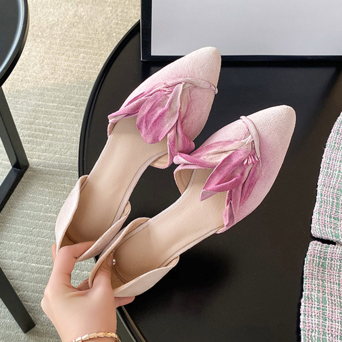 Handmade Pink Satins Flower Pointed Toe Flat Shoes | ZAKAPOP