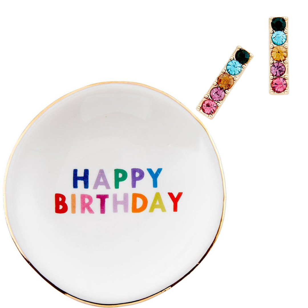 Happy Birthday Trinket Tray &amp;amp; Earring Set | Ceramic Dish Tray and Jewelry Gem Stones Earring Gift Set | Gift for Her
