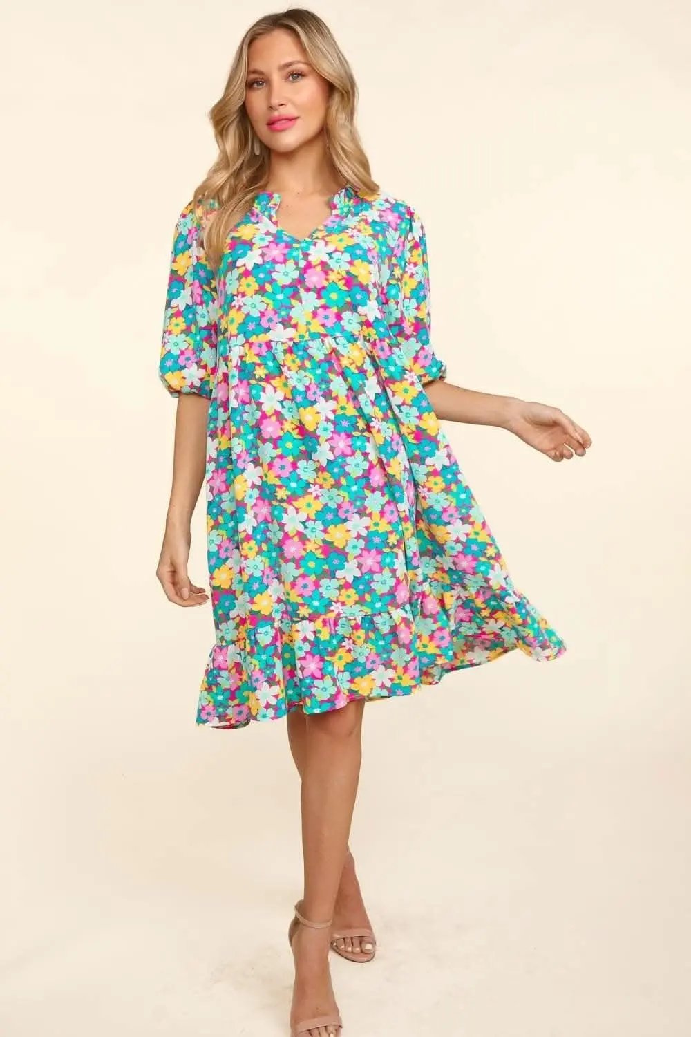 Trendsi Haptics Bubble Sleeve Floral Ruffled Dress for Eff