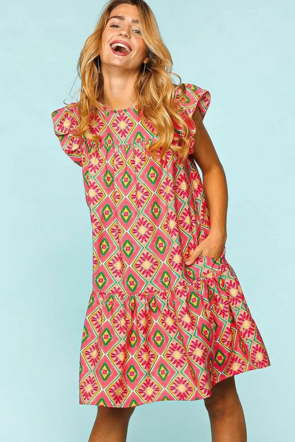 Ruffled Printed Dress Women&amp;#39;s Casual Dress with Pockets