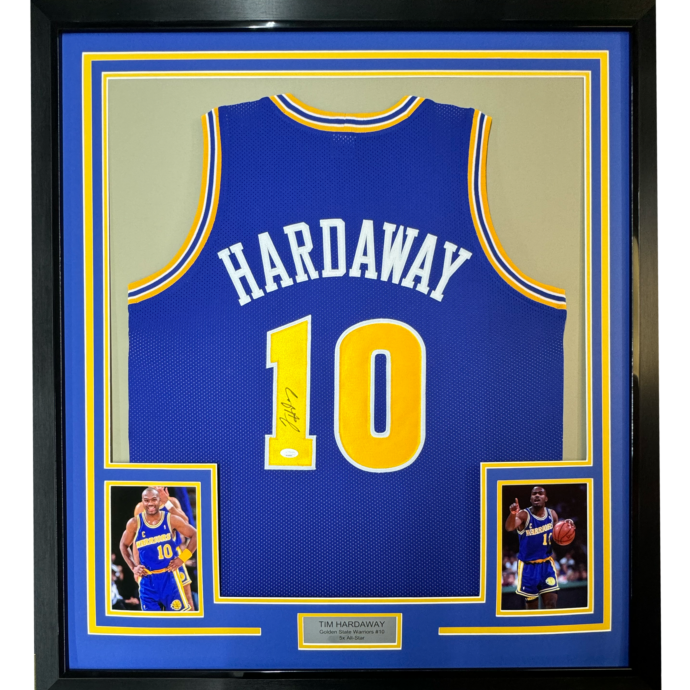 Framed Autographed/Signed Tim Hardaway 35x39 Golden State Blue Basketball Jersey JSA COA