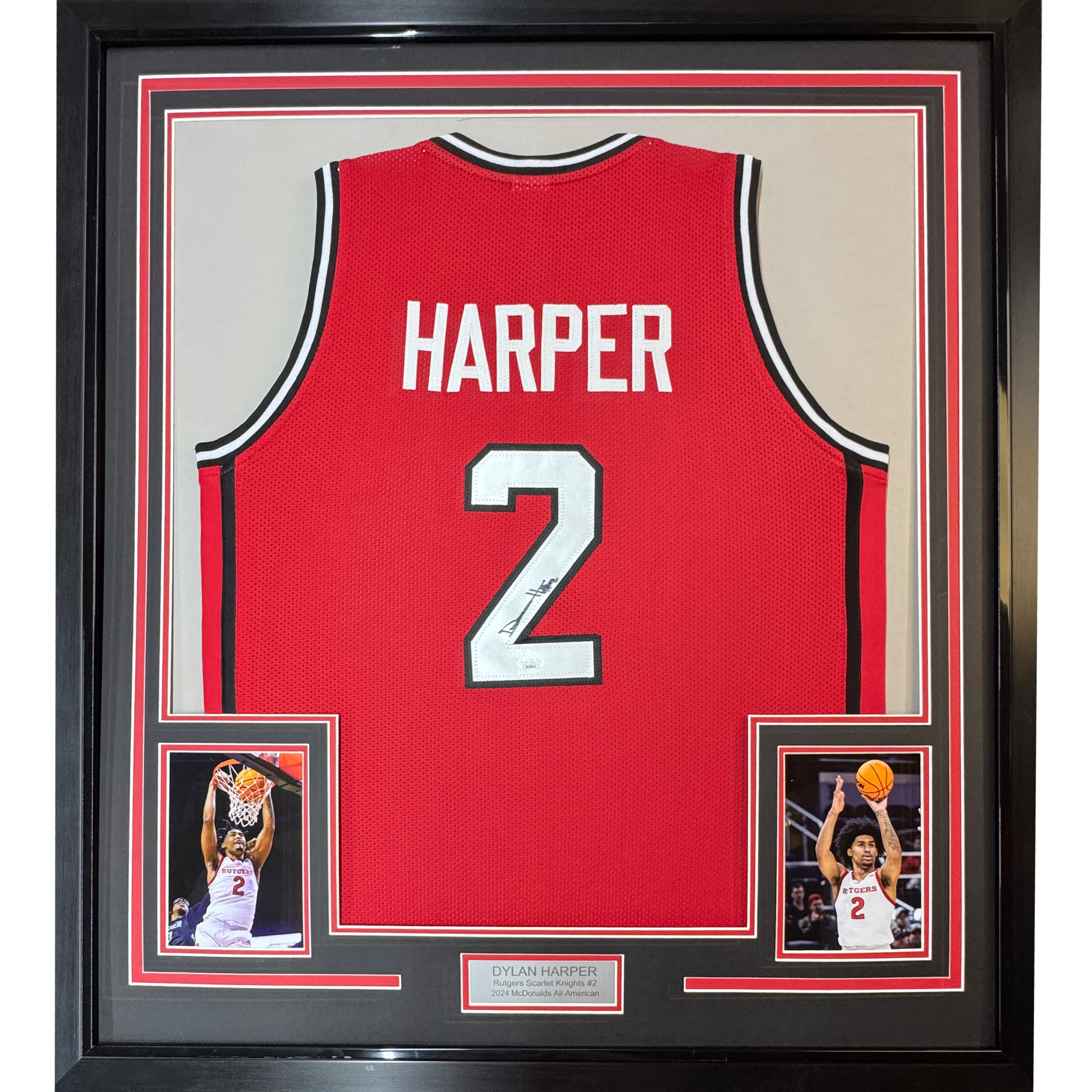 Framed Autographed/Signed Dylan Harper 35x39 Rutgers Red College Basketball Jersey JSA COA