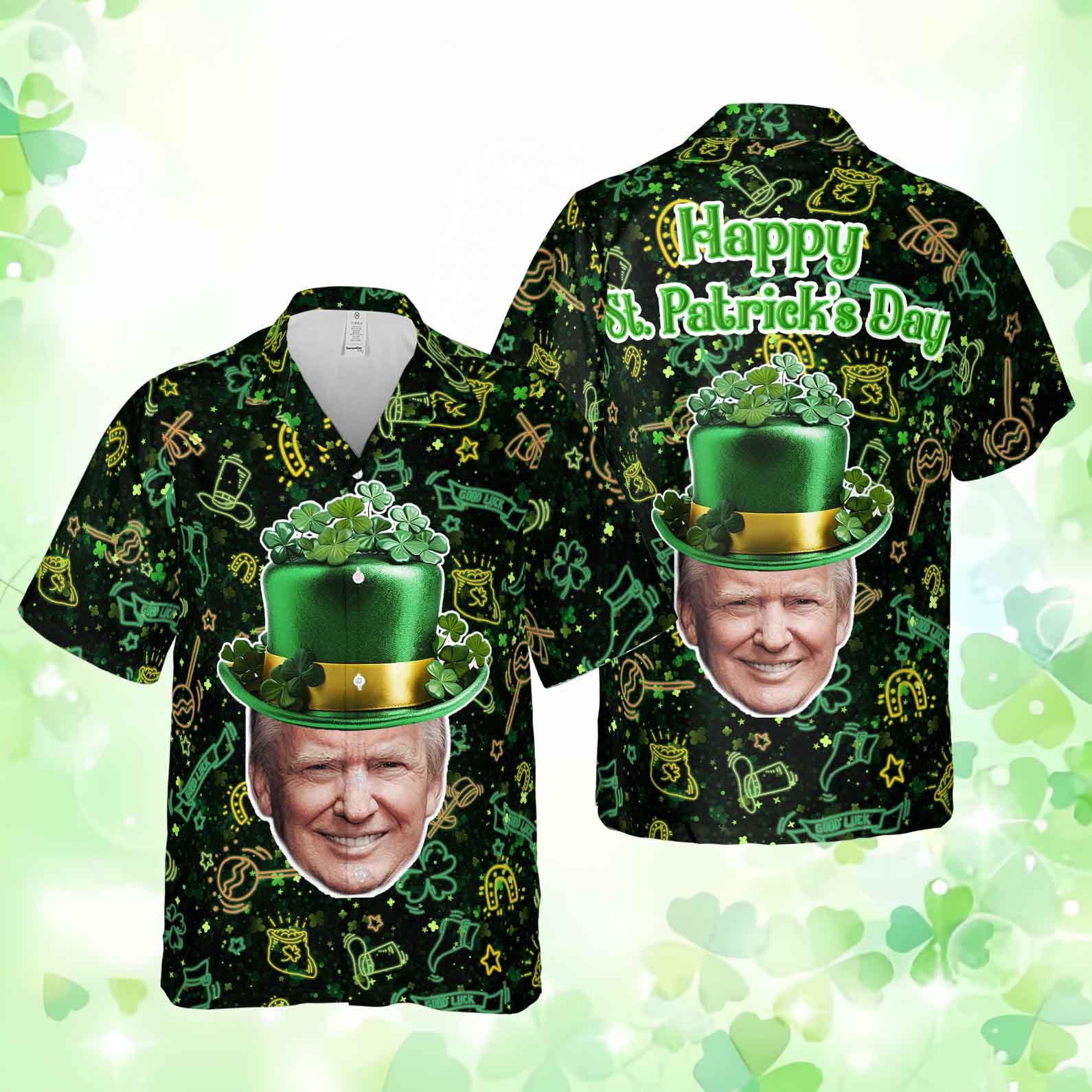 Trump Happy St. Patrick&amp;#39;s Day Day Hawaiian Shirt| St. Patrick&amp;#39;s Day 3D Shirt | Trump Funny Hawaiian Shirt 681920- GOP