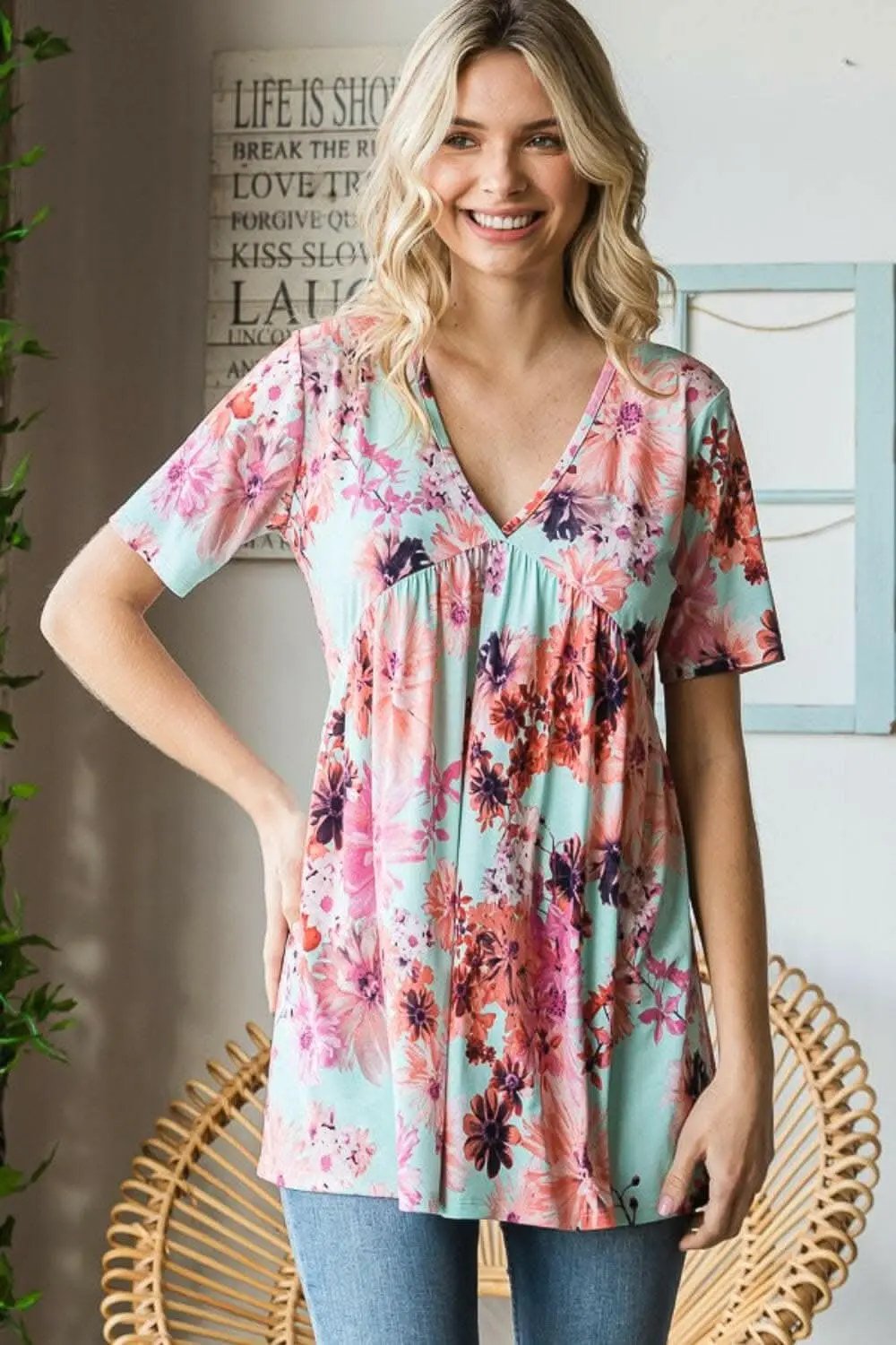 Heimish Floral Blouse Women&amp;#39;s V-Neck Babydoll Top Cute &amp;amp; Comfy
