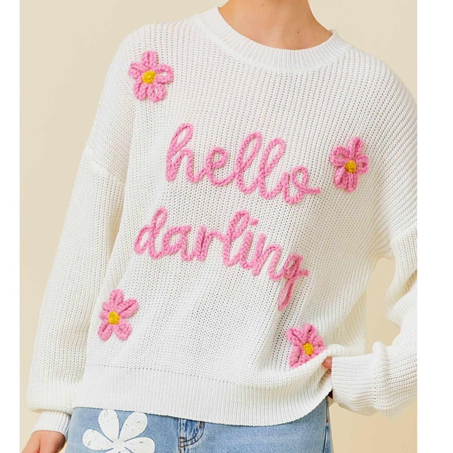 Hello Darling Flower Trim Sweater | Comfy Vintage Knit Sweatshirt [Size SM Remaining]