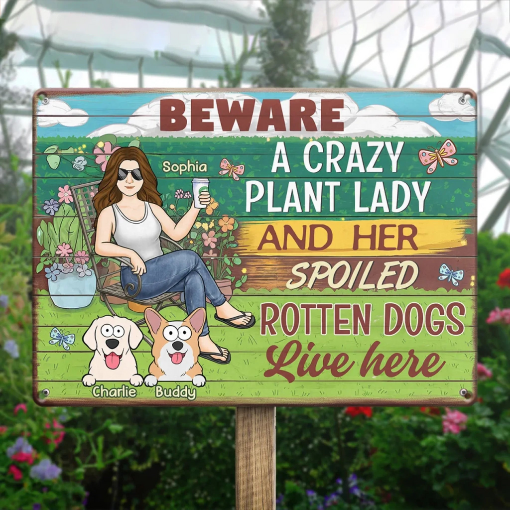 Here Lives A Plant Lover And Her Precious Little Dog/Cat - Personalized Metal Sign - Gift for Dog/Cat Lovers, Pet Lovers, Plant Lovers