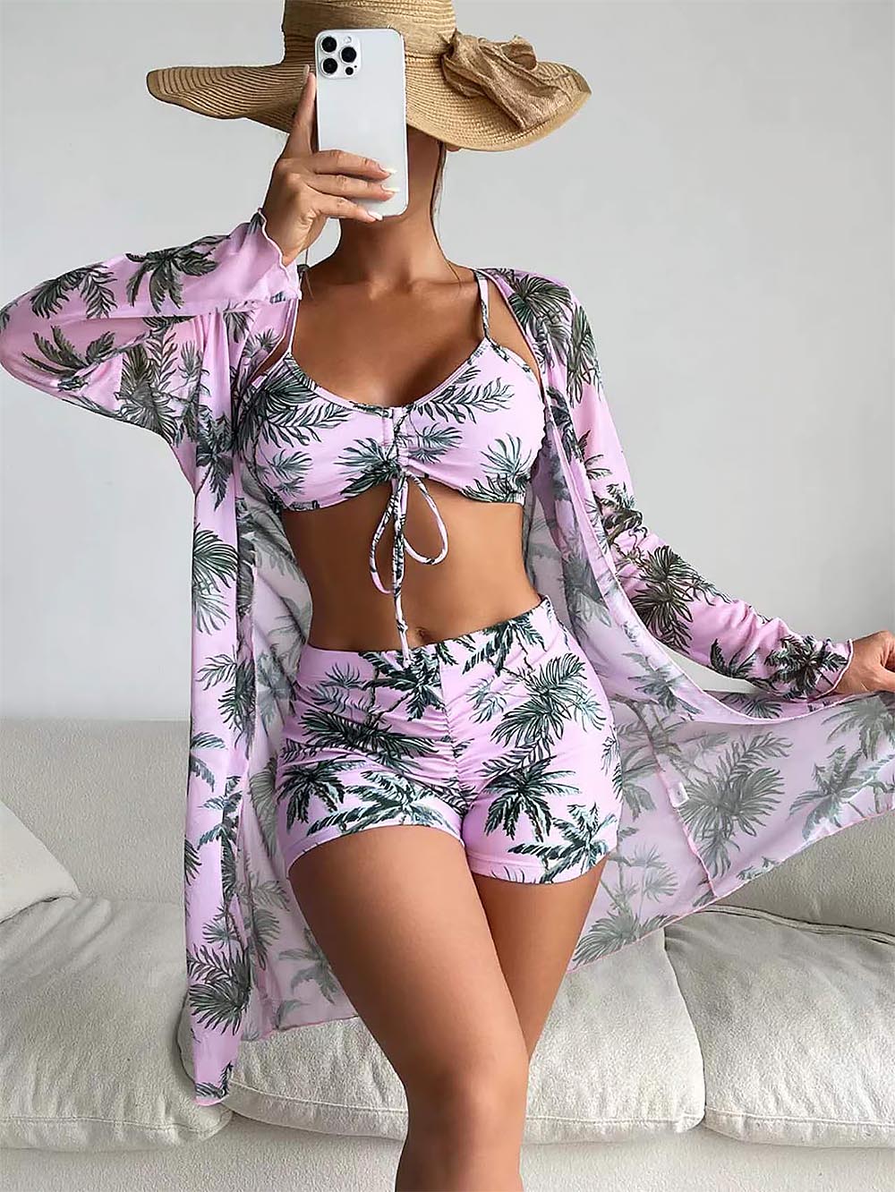 Women&amp;#39;s Coconut Tree Print Three-Piece Set Swimsuit with Long-Sleeve Ins Hoodie | ZAKAPOP
