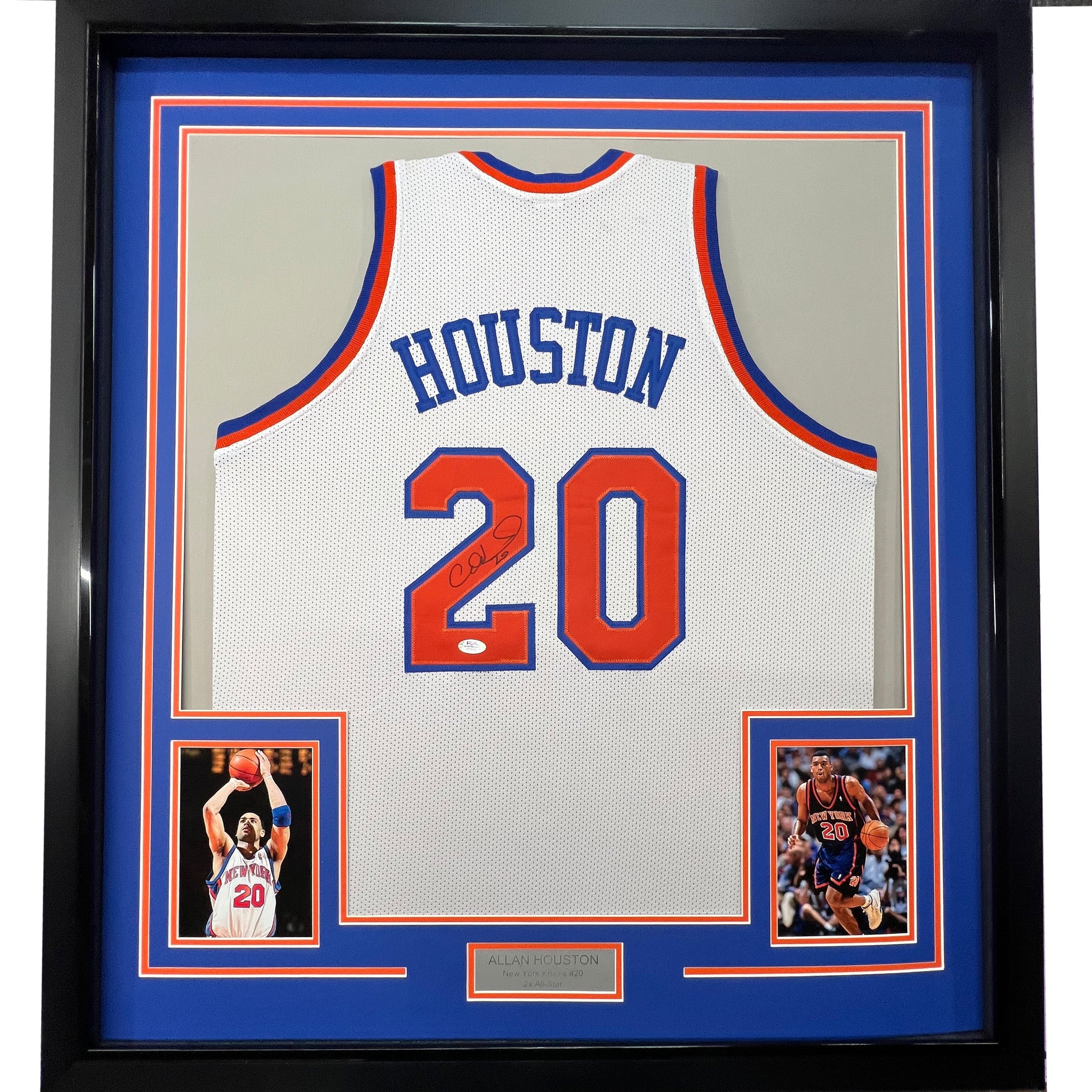 Framed Autographed/Signed Allan Houston 35x39 New York White Basketball Jersey PSA/DNA COA