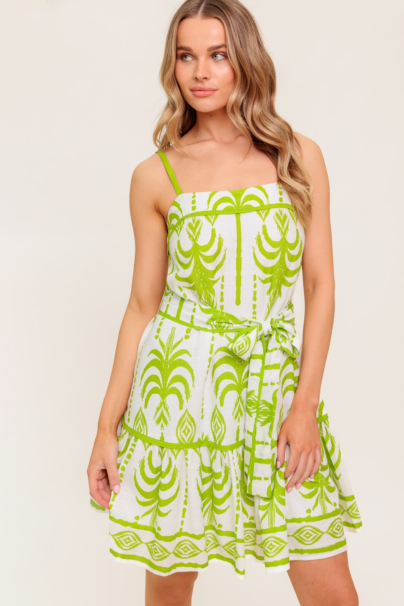 SUNDOWN CHARM GREEN WOVEN MINI DRESS