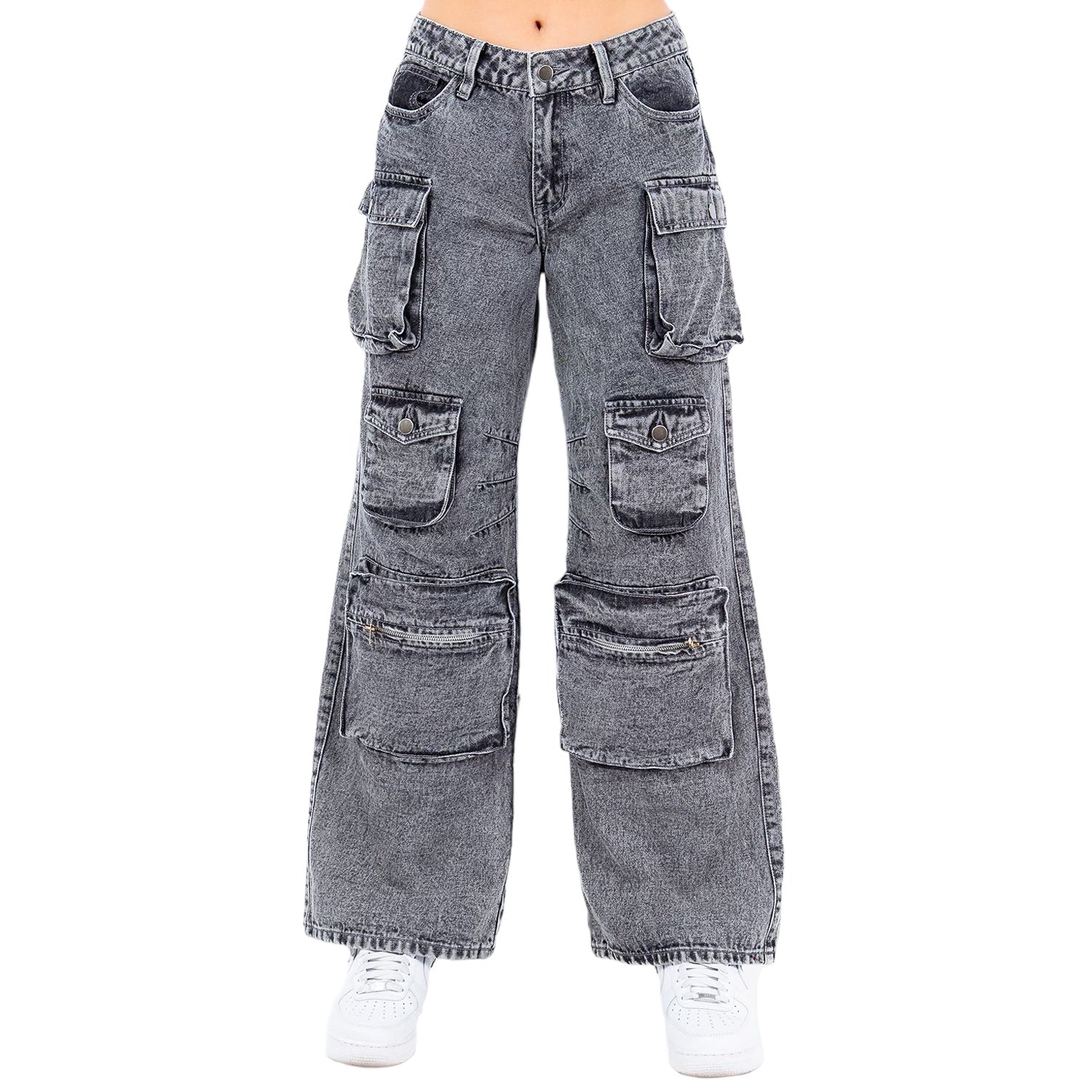Acid Wash Denim Wide Leg Pocket Pants- RJH30564