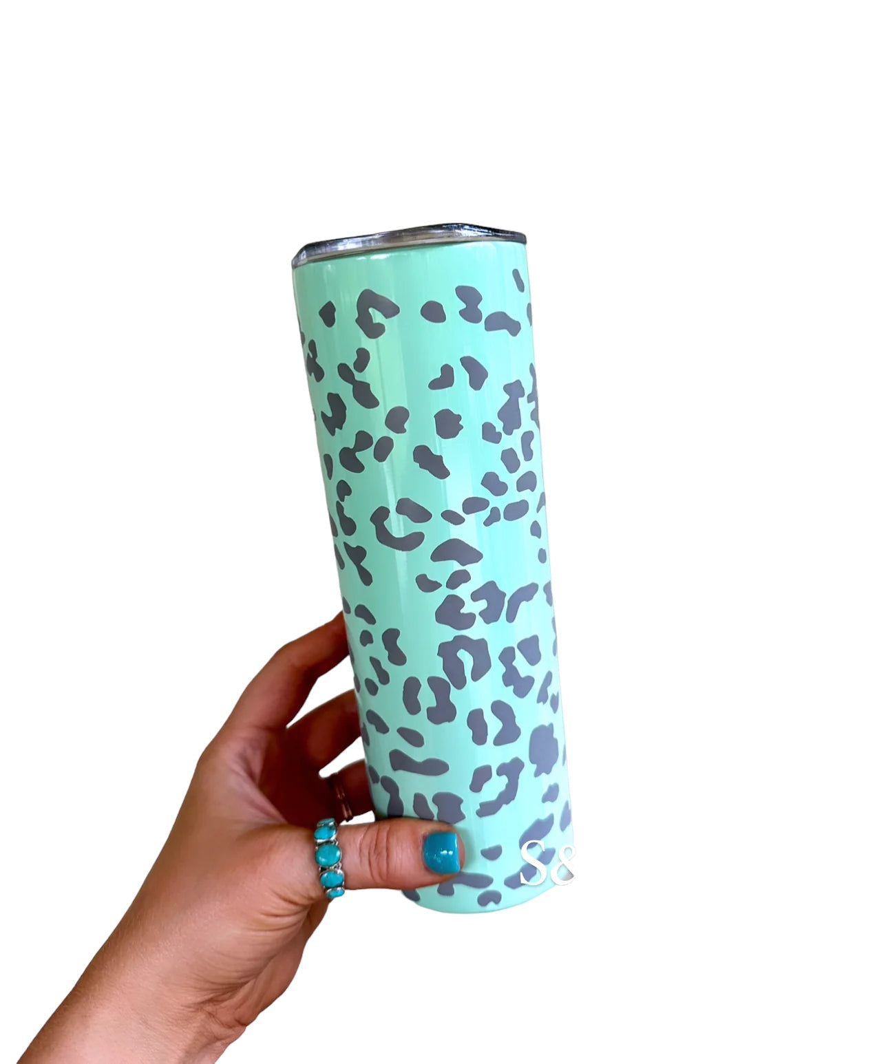 20oz Skinny Etched Tumbler - Mint Leopard