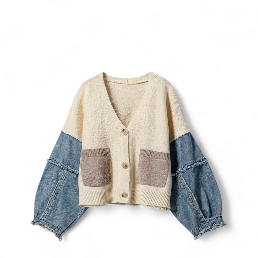 Denim Sleeve Knit Cardigan Casual Sweater Top