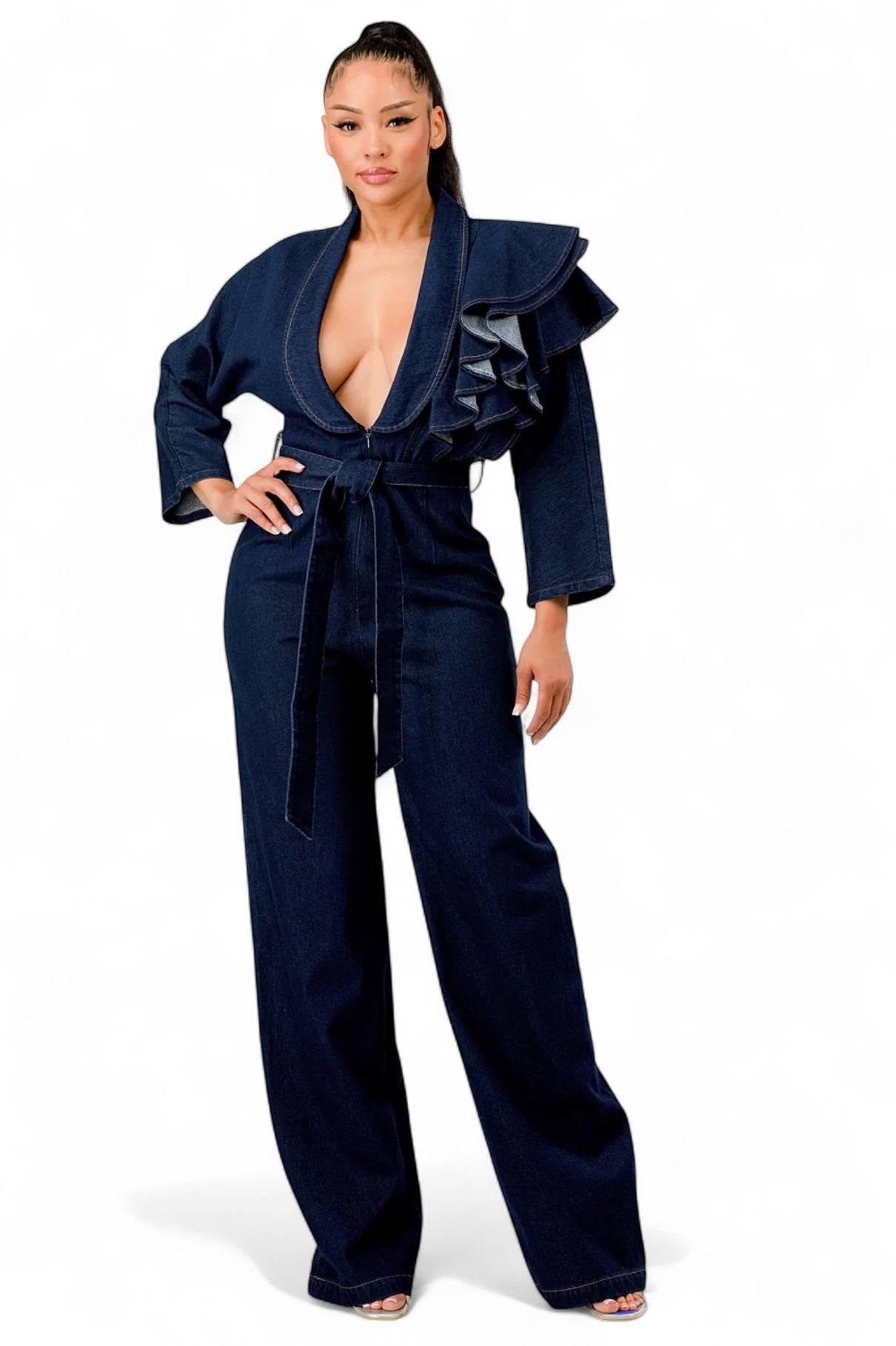 Curvy Dark Denim Ruffle Shoulder Jumpsuit
