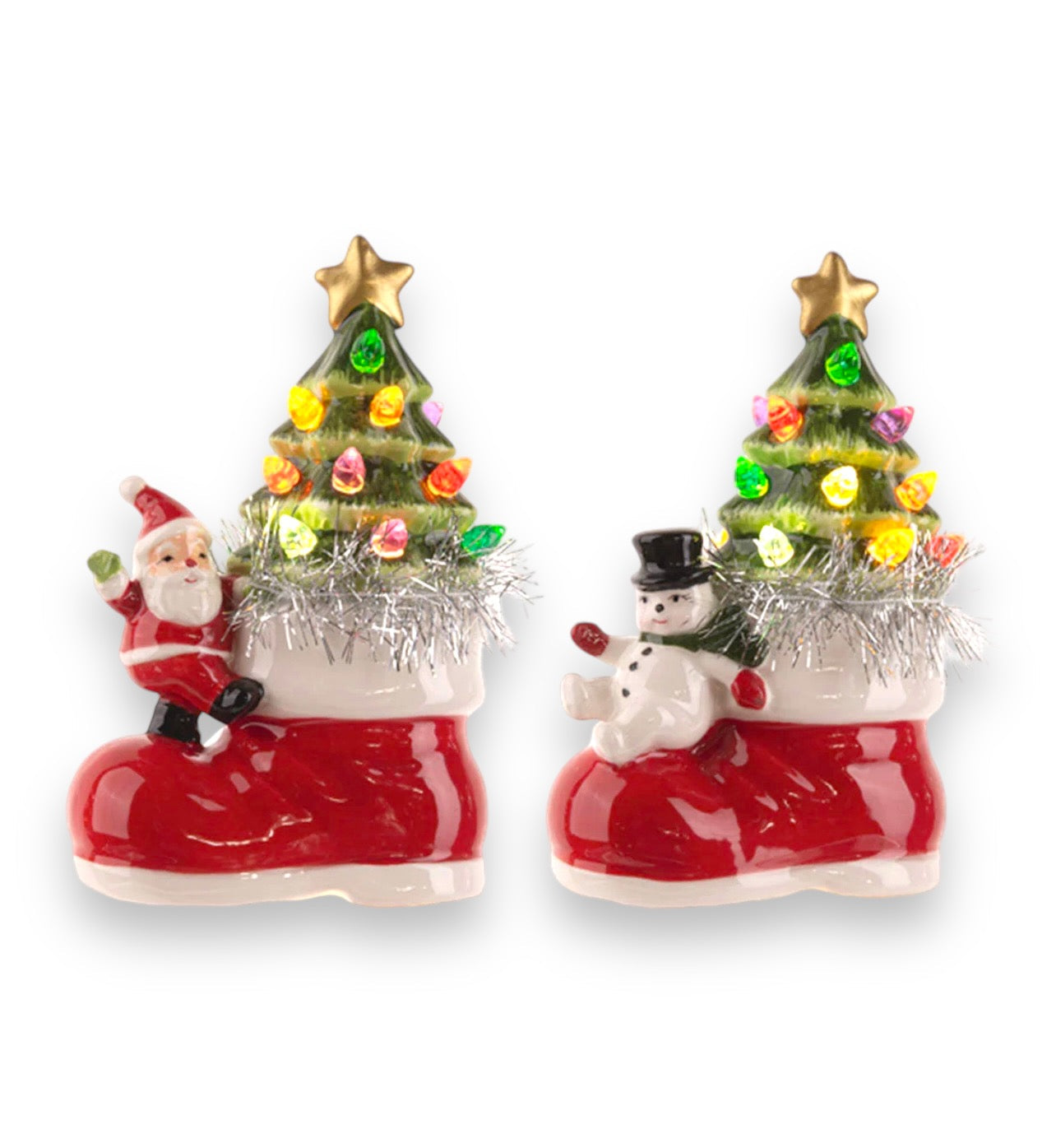 LED Light Up Santa &amp;amp; Snowman w/Tree in Boot Figurines Set/2