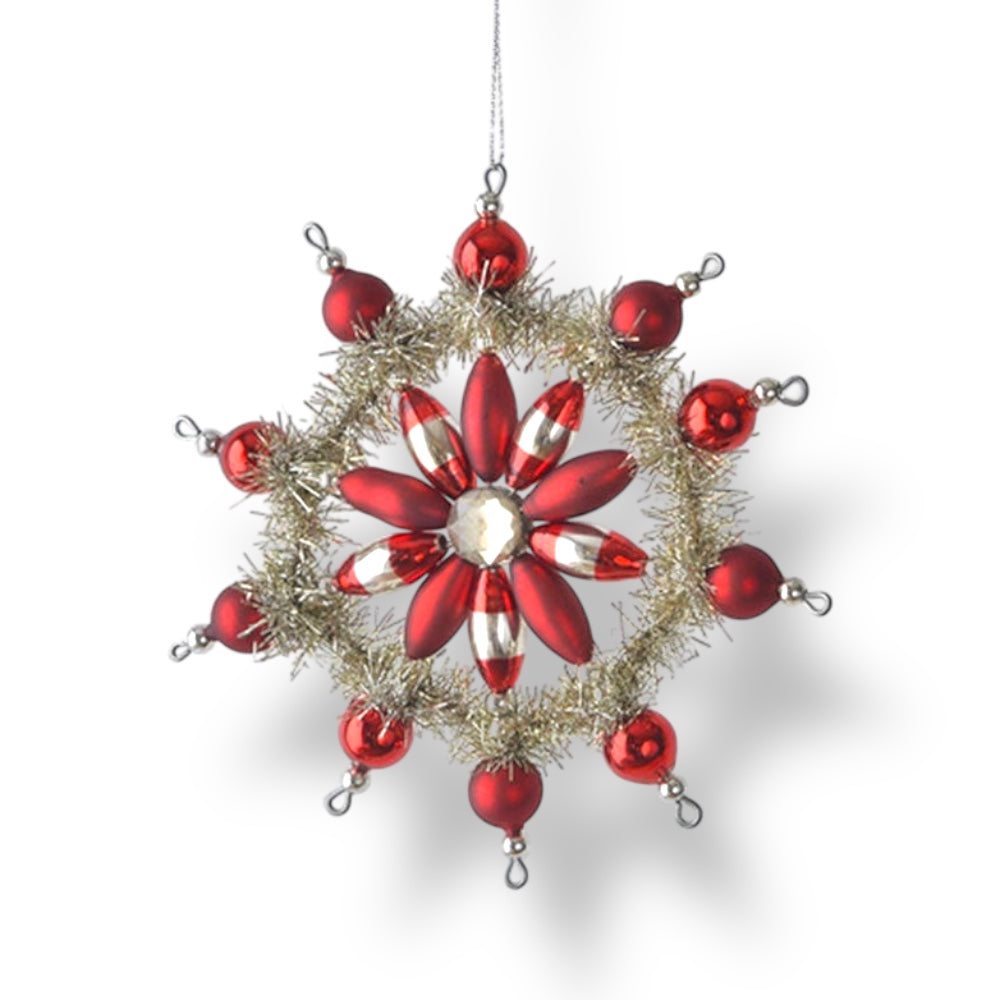 Vintage Style Glass &amp;amp; Tinsel Snowflake Ornament RED