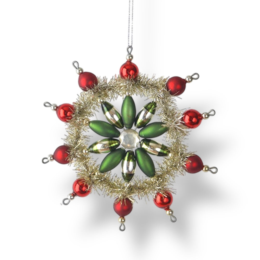Vintage Style Glass &amp;amp; Tinsel Snowflake Ornament GREEN