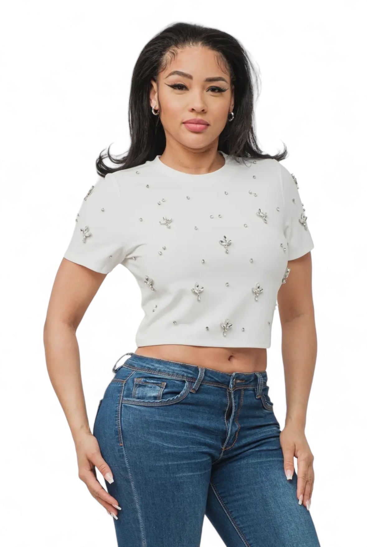 Front Rhinestone Jewels Detail Crop Top