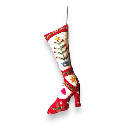 6.5&amp;quot; Red High Heeled Shoe w/White Stocking &amp;amp; Tree Branch