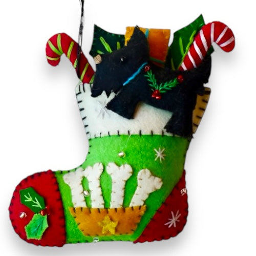 5&amp;quot; Green Stocking w/ Black Dog Felted Wool Ornament