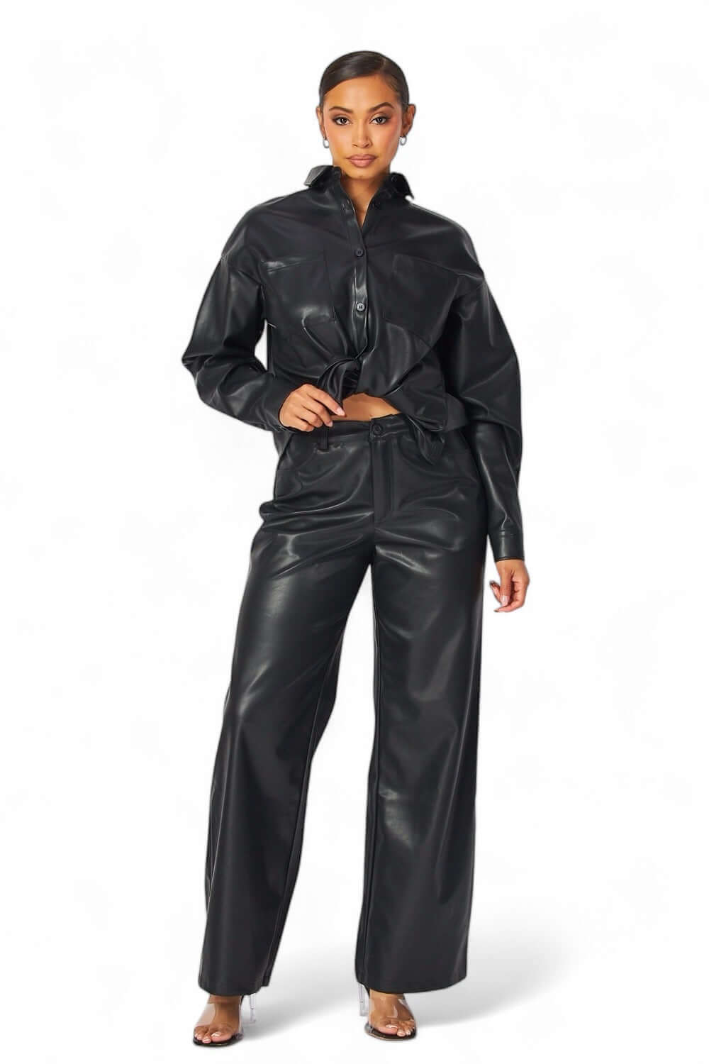 Emery Vegan Leather Button Down Shirt &amp;amp; Pants Two Piece Set