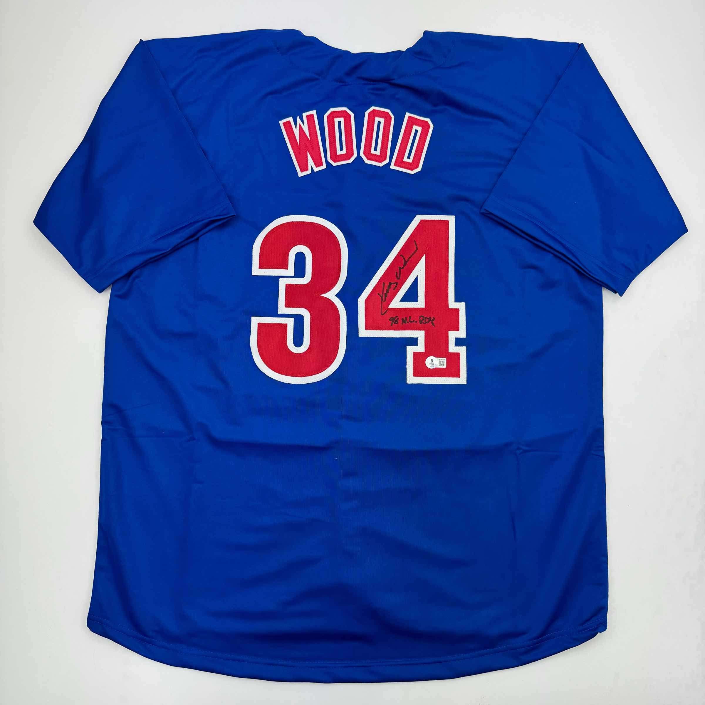 Autographed/Signed Kerry Wood 98 ROY Chicago Blue Baseball Jersey Beckett BAS COA