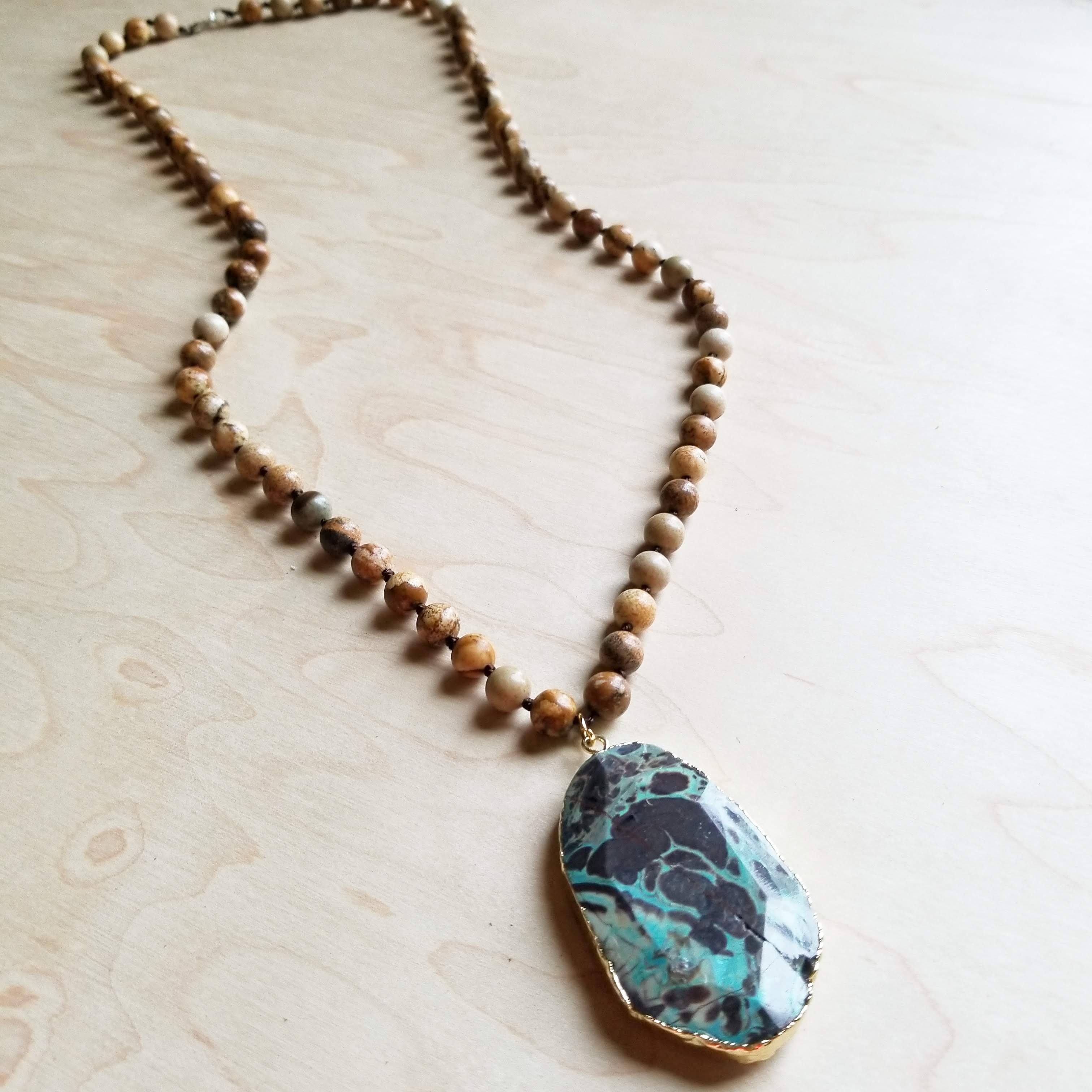 Bohemian Beaded Jasper Necklace with Ocean Agate Pendant 245u
