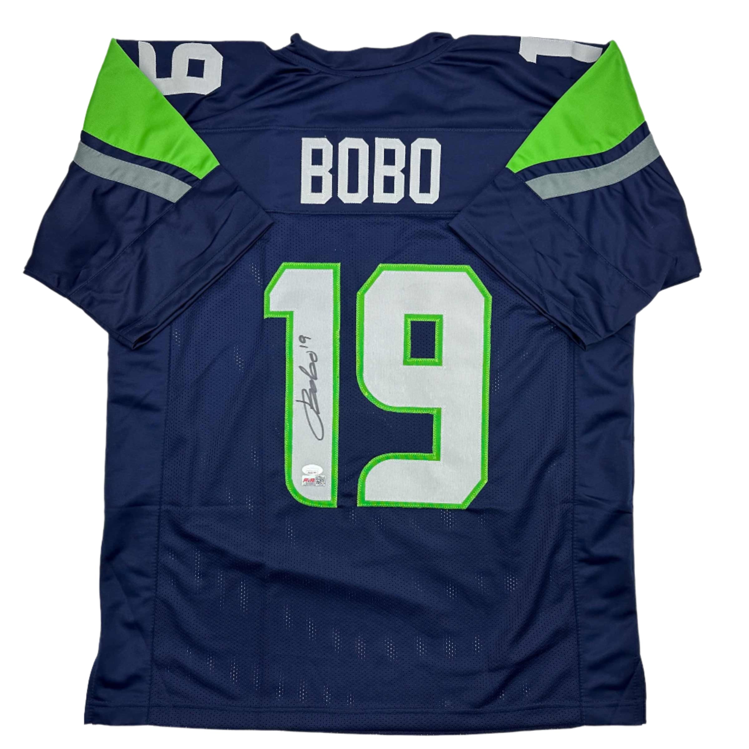Autographed/Signed Jake Bobo Seattle Blue Football Jersey JSA COA
